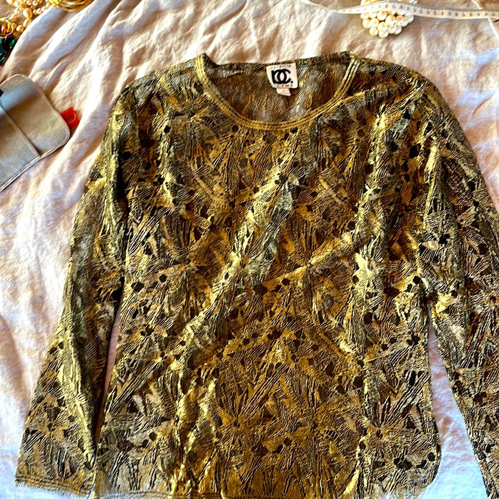 Vintage Patricia Clyne sheer gold metallic blouse